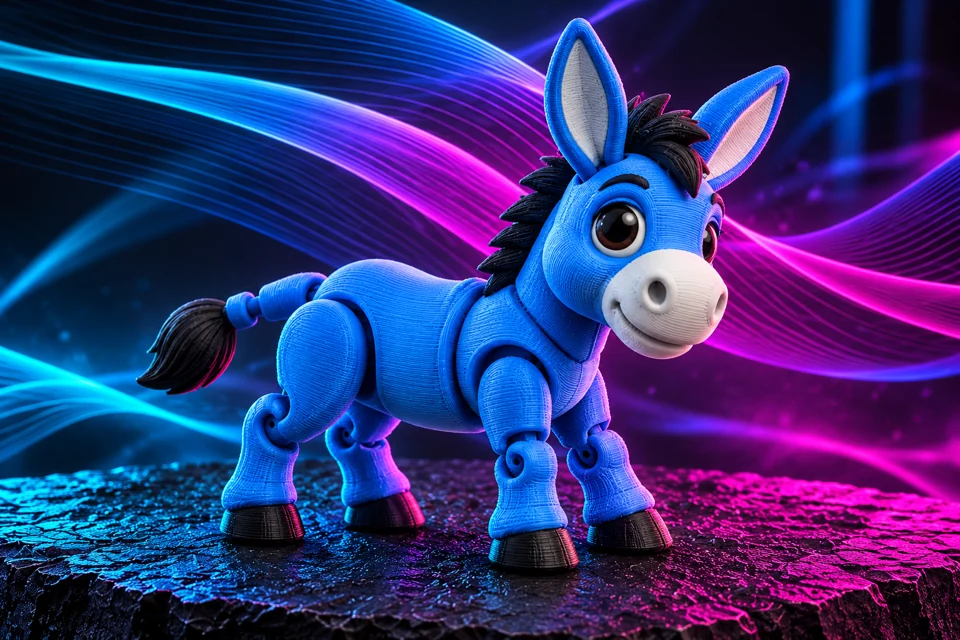 Illustrative small blue articulated donkey model